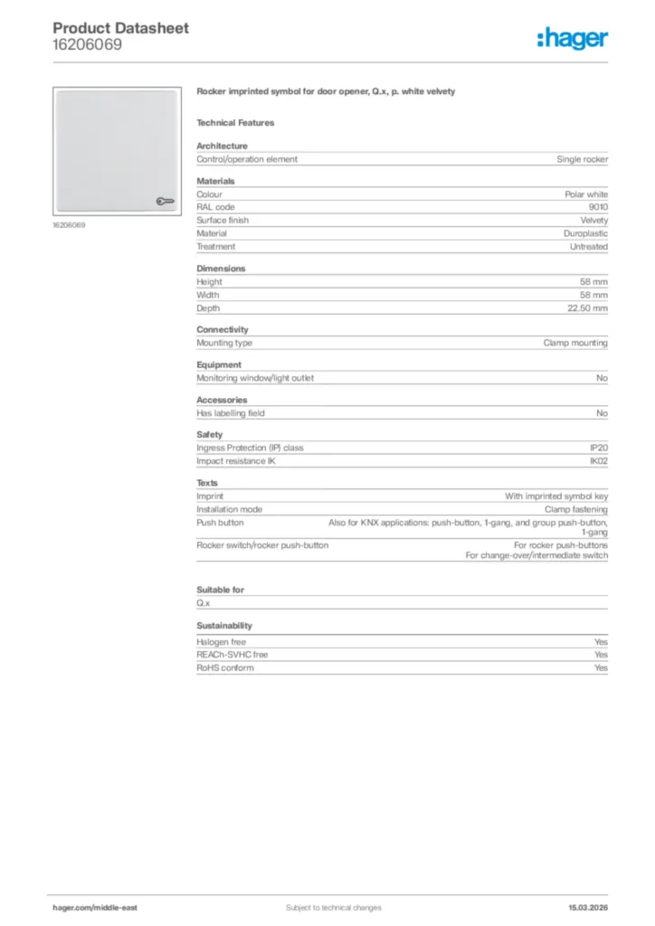 Image Hager Product data sheet 16206069  | Hager