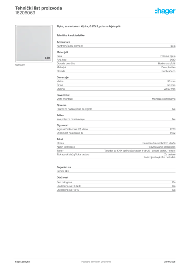 Slika Hager Product data sheet 16206069  | Hager