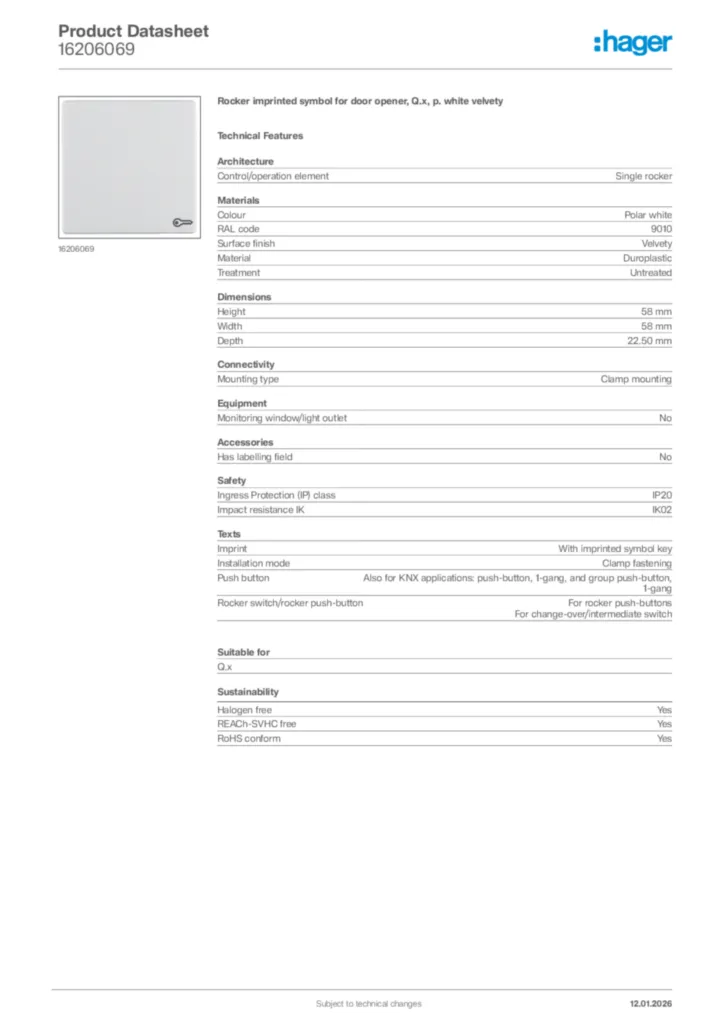 Image Hager Product data sheet 16206069  | Hager