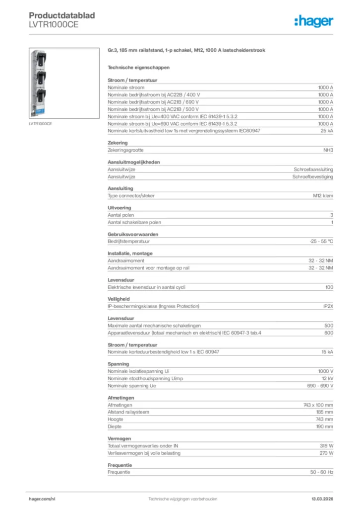 Afbeelding Hager Productdatablad LVTR1000CE | Hager Nederland