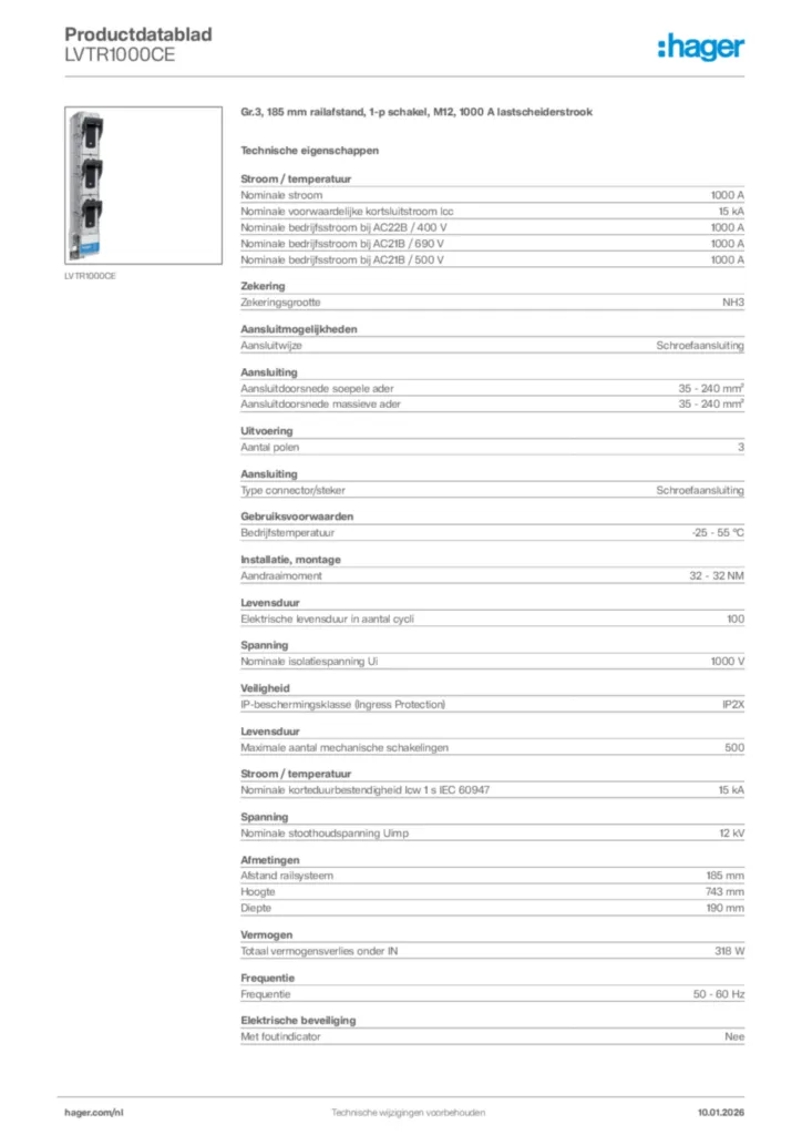 Afbeelding Hager Productdatablad LVTR1000CE | Hager Nederland