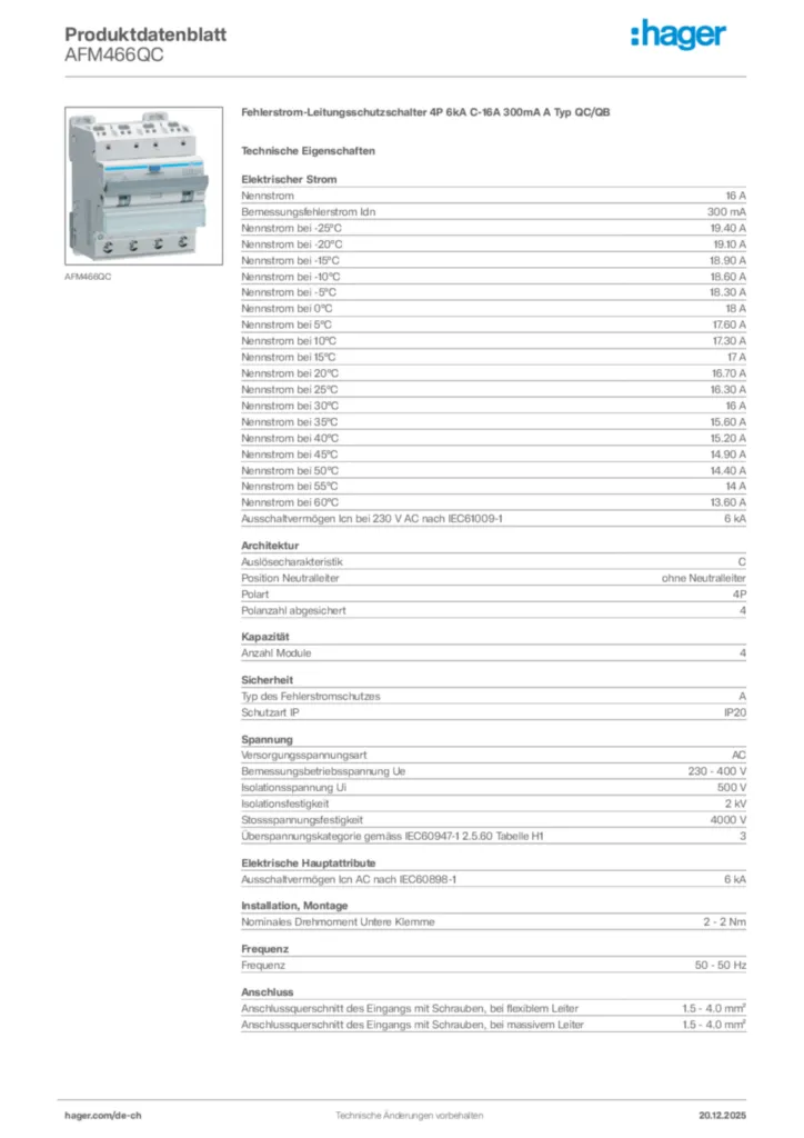 Bild Hager Produktdatenblatt AFM466QC | Hager Schweiz