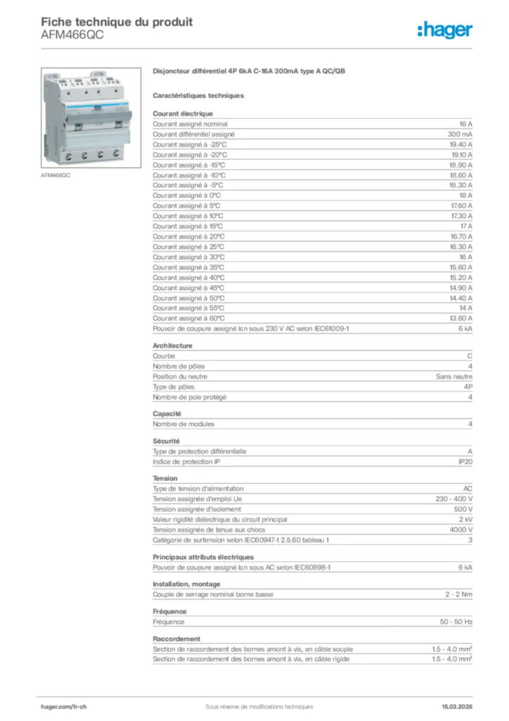 Image Hager Fiche technique du produit AFM466QC | Hager Suisse