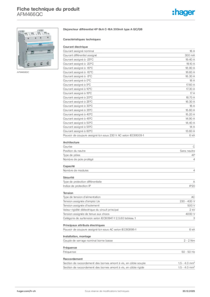Image Hager Fiche technique du produit AFM466QC | Hager Suisse