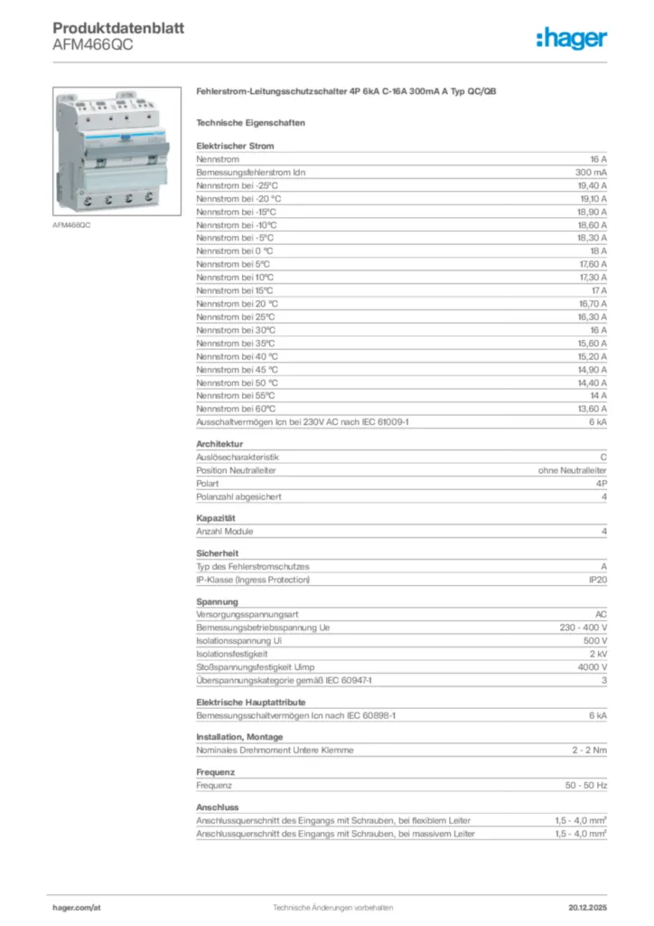 Bild Hager Produktdatenblatt AFM466QC | Hager Deutschland