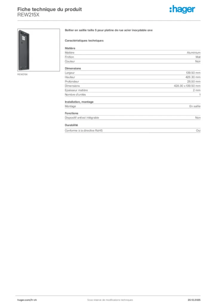 Image Hager Fiche technique du produit REW215X | Hager Suisse