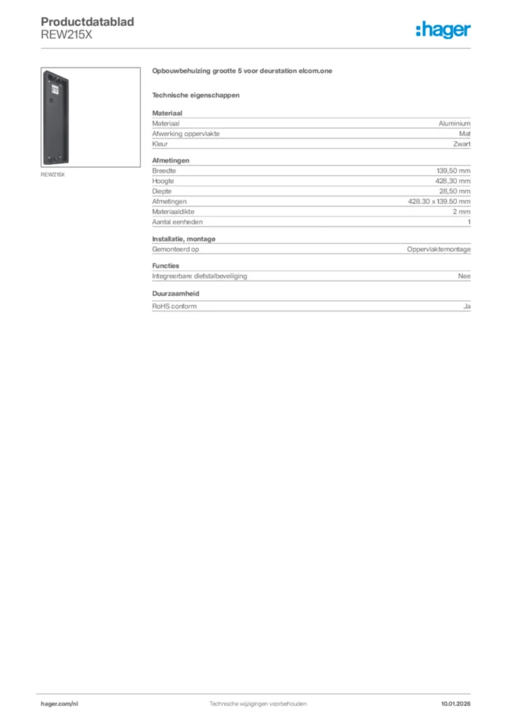 Afbeelding Hager Productdatablad REW215X | Hager Nederland