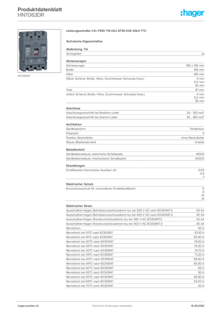 Bild Hager Produktdatenblatt HNT063DR | Hager Schweiz