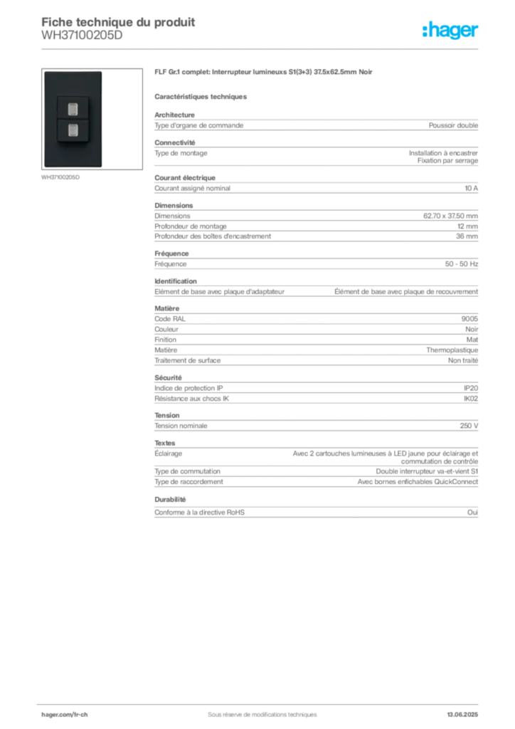 Image Hager Fiche technique du produit WH37100205D | Hager Suisse