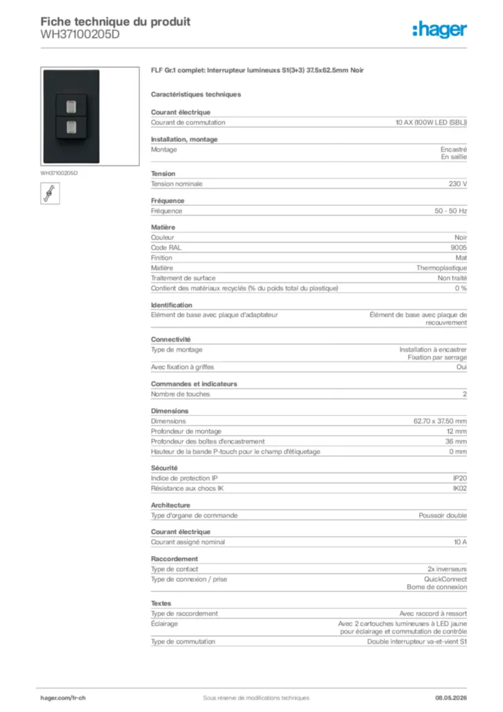 Image Hager Fiche technique du produit WH37100205D | Hager Suisse
