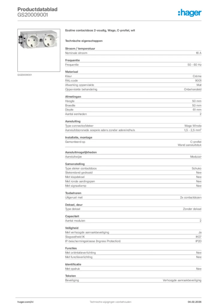 Afbeelding Hager Productdatablad GS20009001 | Hager Nederland