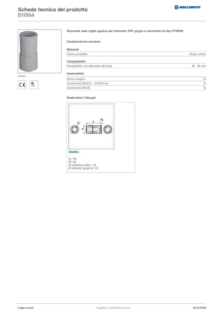 Immagine Bocchiotti Scheda tecnica del prodotto B11964 | Hager Italia