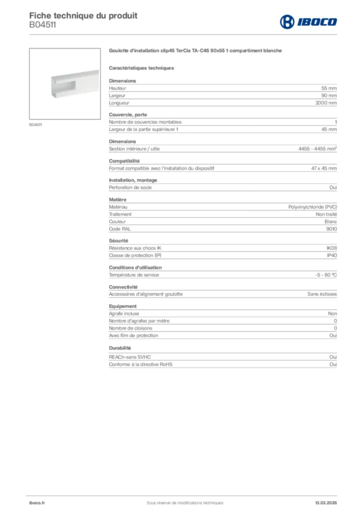 Image Iboco Fiche technique du produit B04511 | Hager France