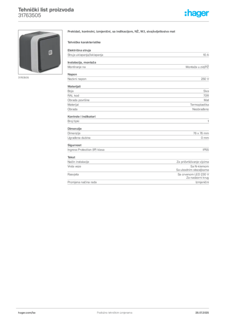 Slika Hager Product data sheet 31763505  | Hager