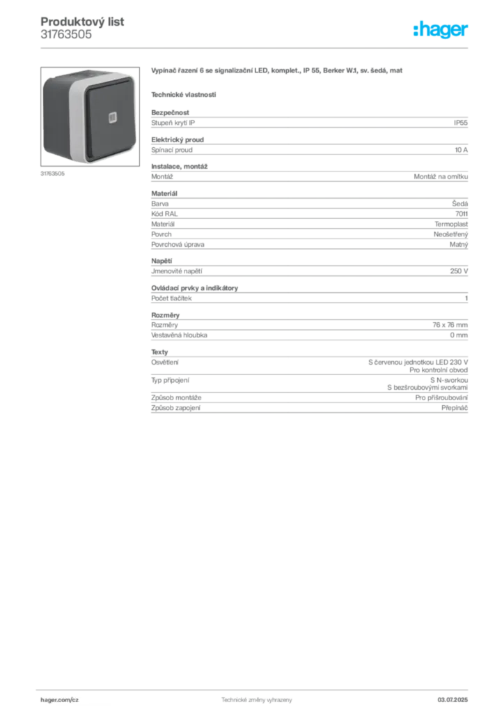 Obrázek Hager Produktový list 31763505 | Hager