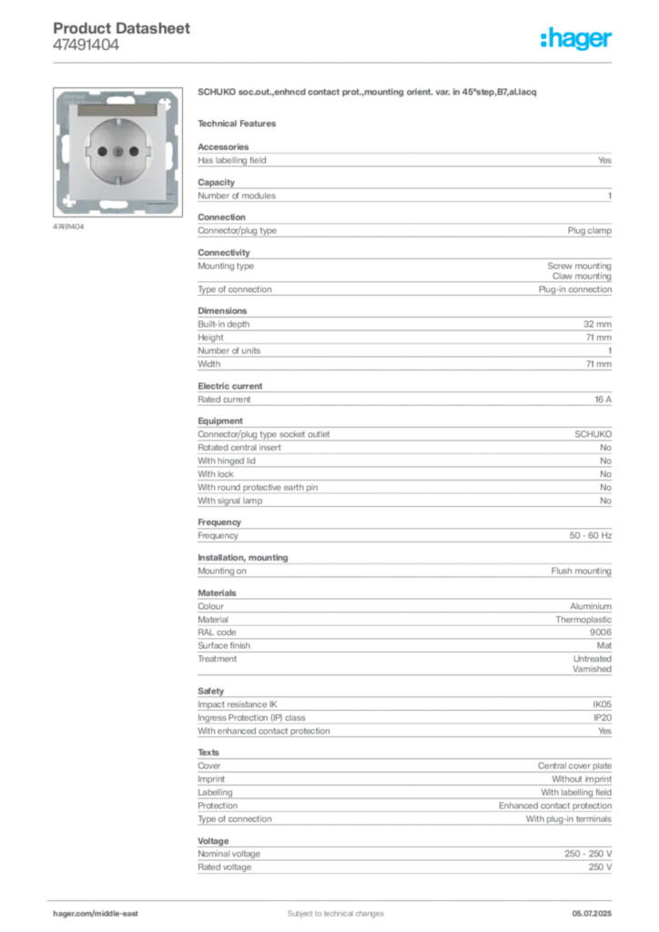 Image Hager Product data sheet 47491404  | Hager