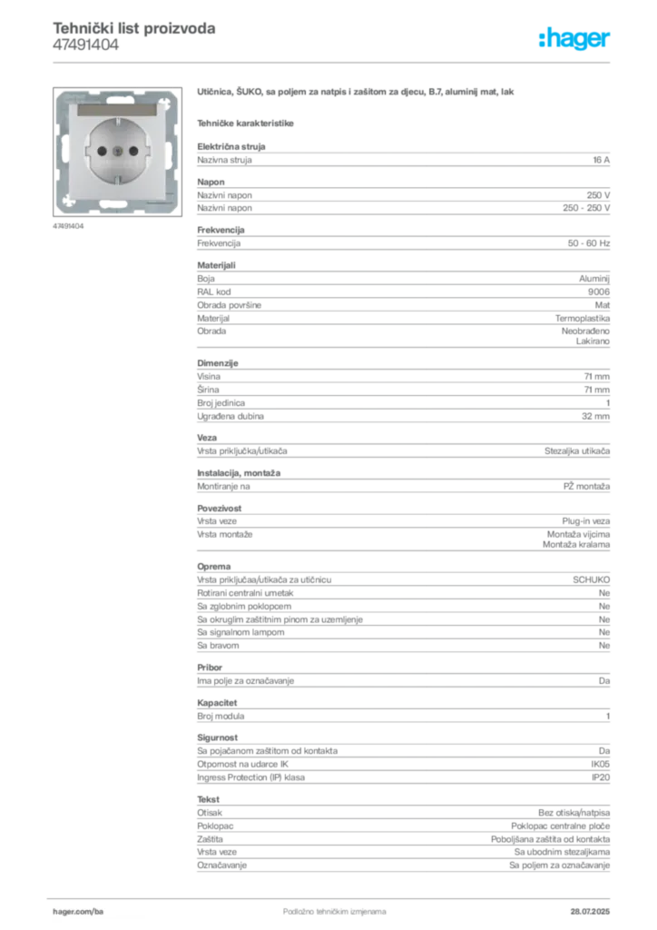 Slika Hager Product data sheet 47491404  | Hager