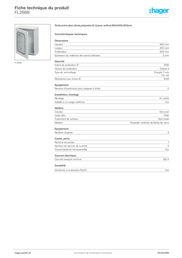 Image Hager Fiche technique du produit FL266B | Hager Suisse