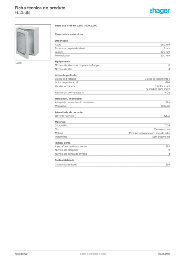 Imagem Hager Ficha técnica do produto FL266B | Hager Portugal