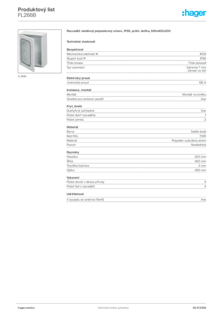 Obrázek Hager Produktový list FL266B | Hager