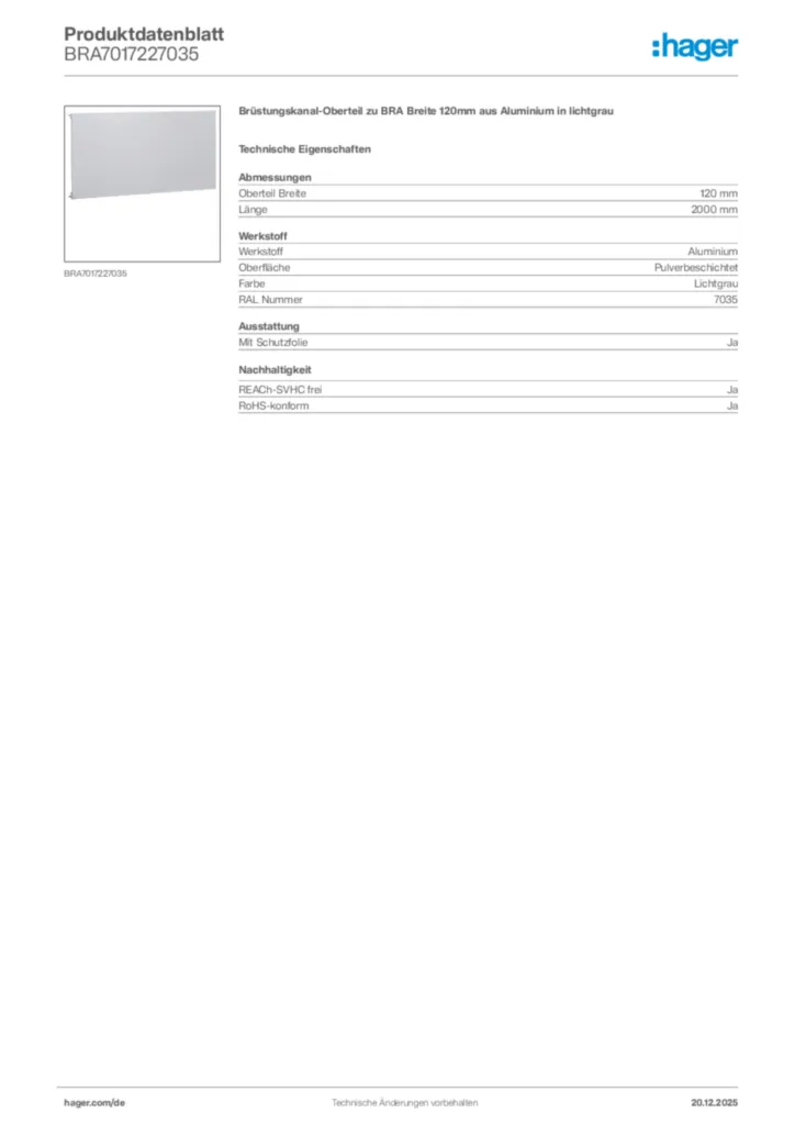Bild Hager Produktdatenblatt BRA7017227035 | Hager Deutschland