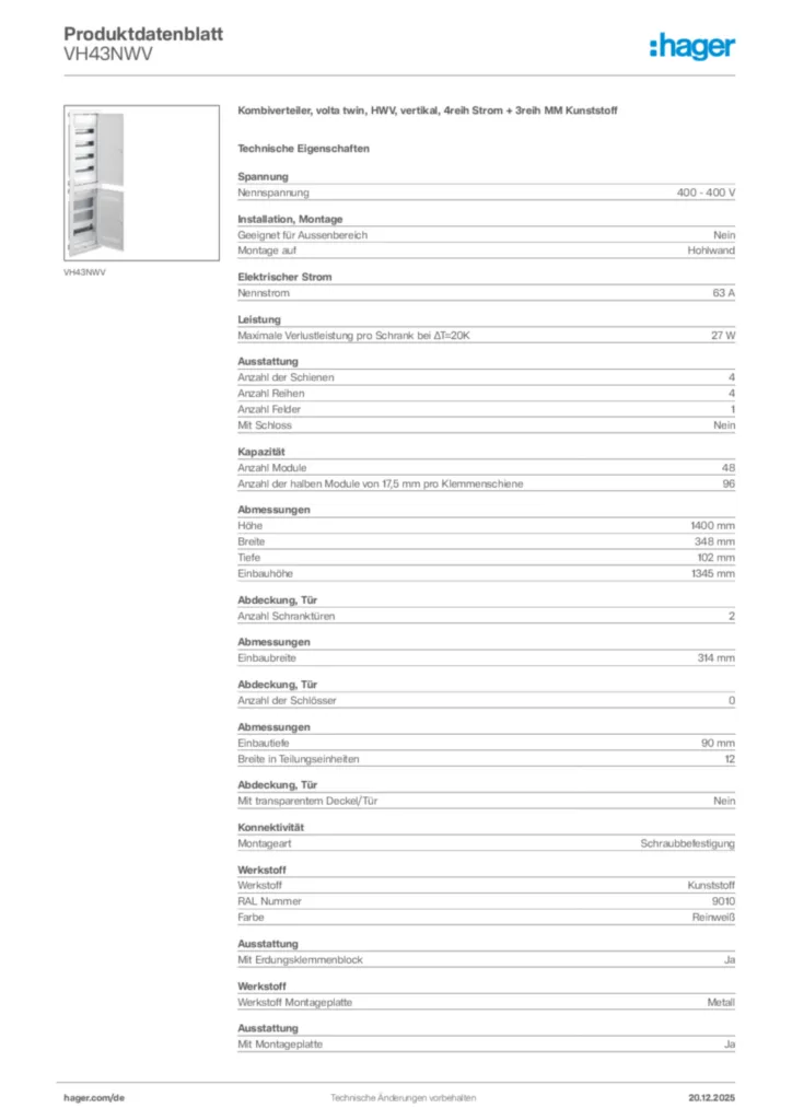 Bild Hager Produktdatenblatt VH43NWV | Hager Deutschland