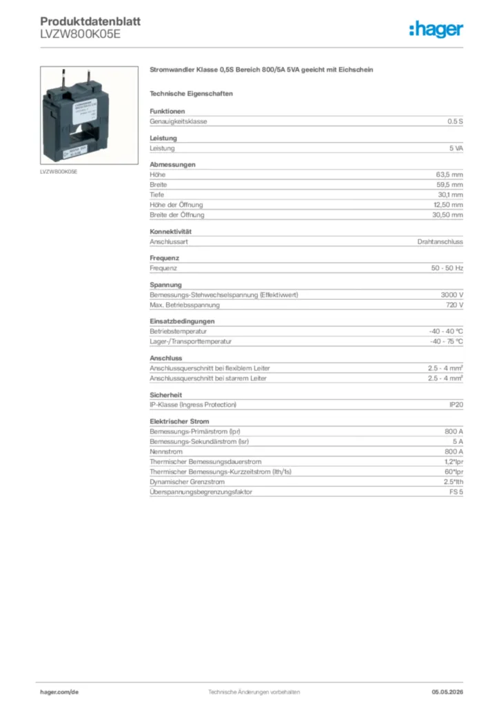 Bild Hager Produktdatenblatt LVZW800K05E | Hager Deutschland