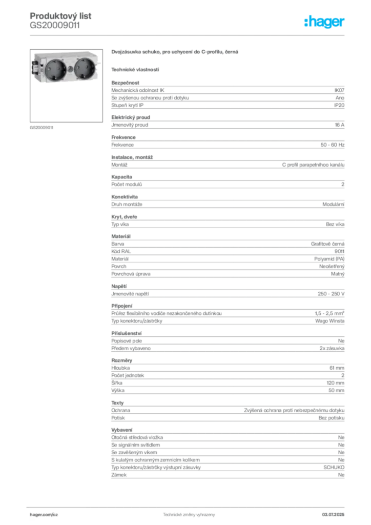 Obrázek Hager Produktový list GS20009011 | Hager