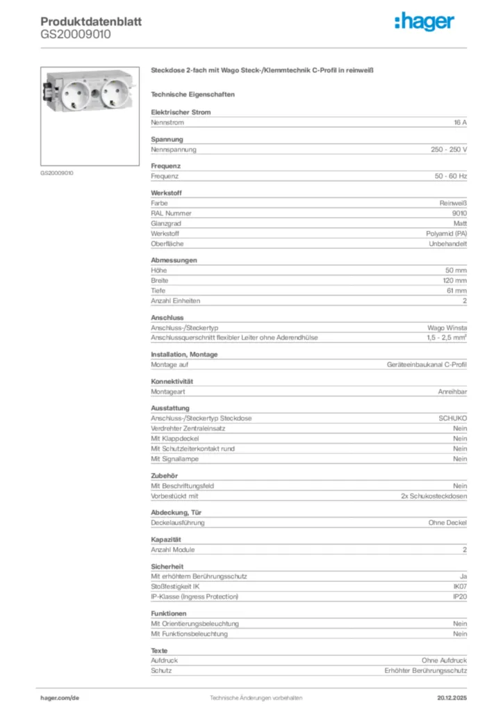 Bild Hager Produktdatenblatt GS20009010 | Hager Deutschland