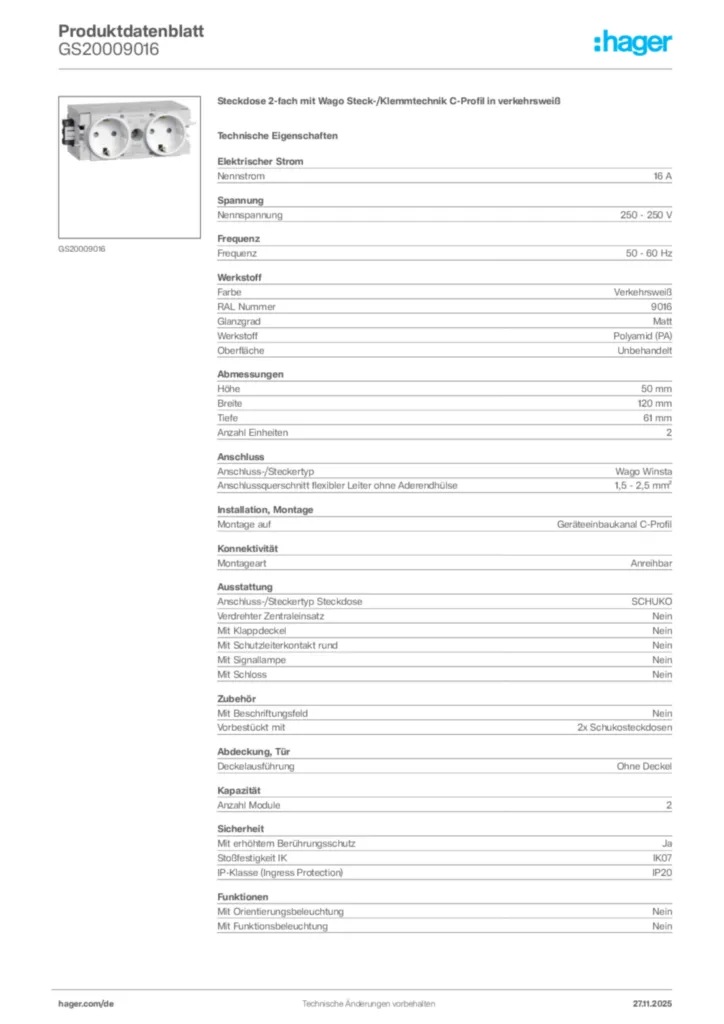 Bild Hager Produktdatenblatt GS20009016 | Hager Deutschland