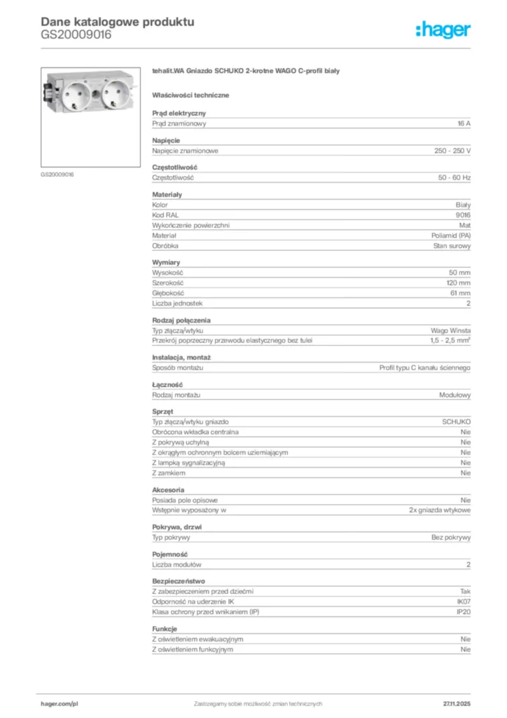Zdjęcie Hager Karta katalogowa GS20009016 | Hager Polska