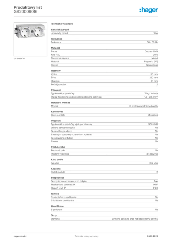 Obrázek Hager Product data sheet GS20009016 | Hager