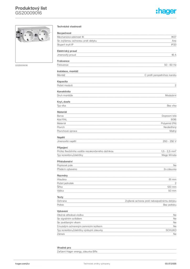 Obrázek Hager Produktový list GS20009016 | Hager