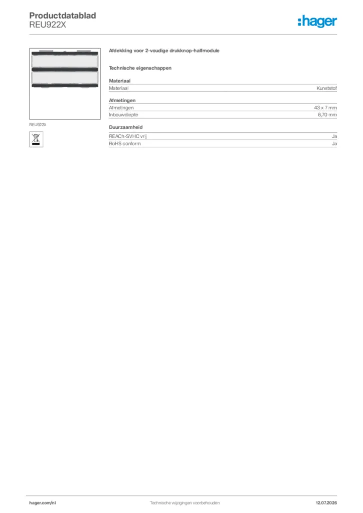Afbeelding Hager Productdatablad REU922X | Hager Nederland
