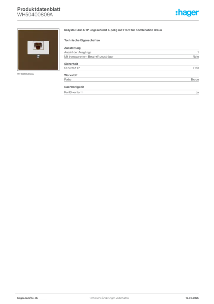 Bild Hager Produktdatenblatt WH50400809A | Hager Schweiz