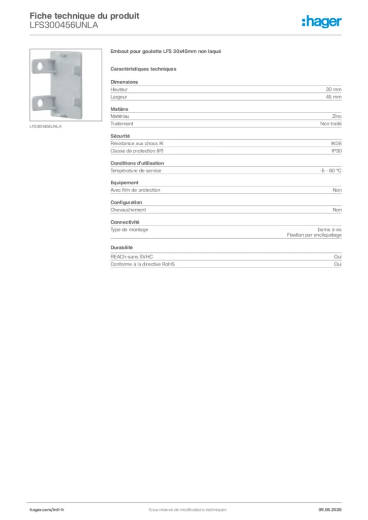 Image Hager Fiche technique du produit LFS300456UNLA | Hager Afrique