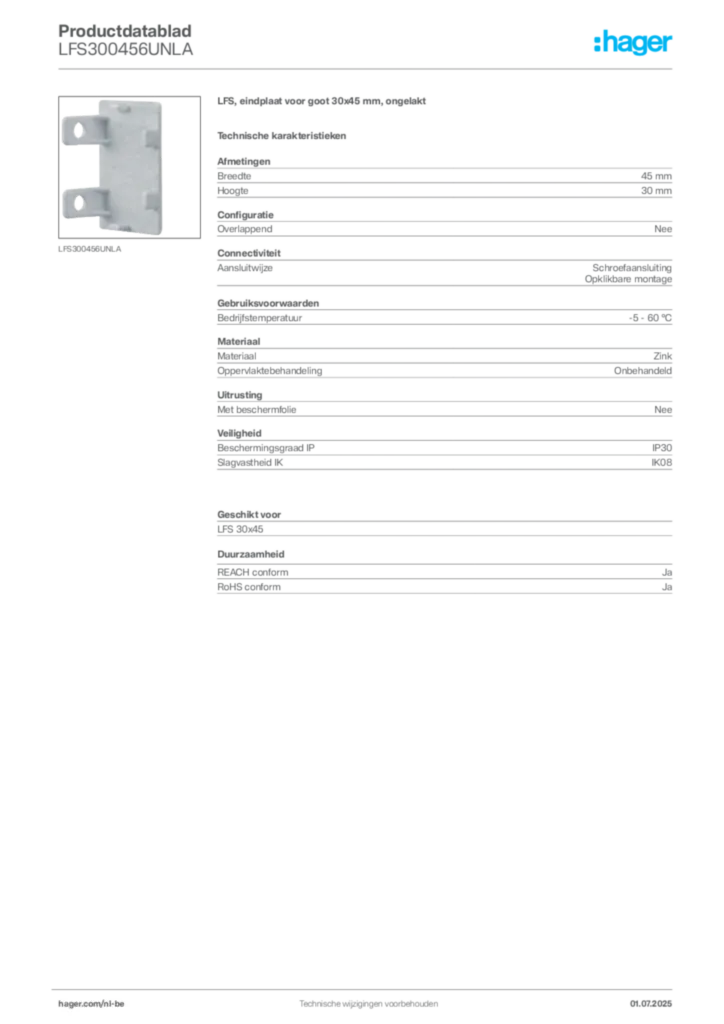 Afbeelding Hager Productdatablad LFS300456UNLA | Hager Belgium