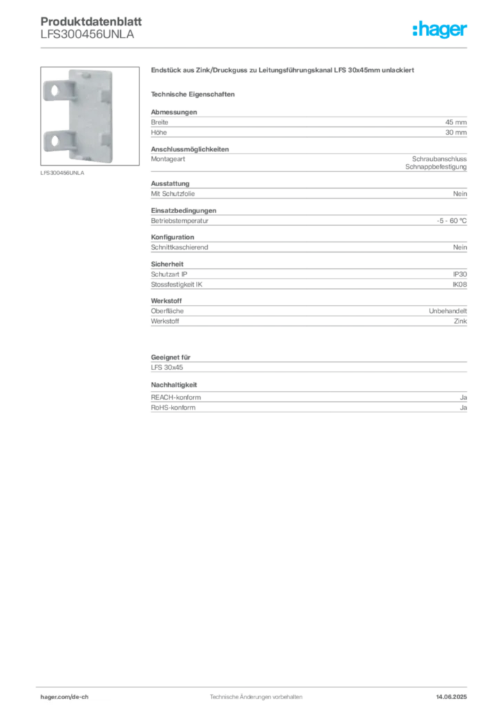 Bild Hager Produktdatenblatt LFS300456UNLA | Hager Schweiz