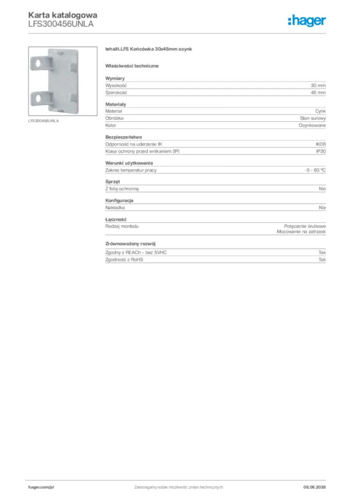 Zdjęcie Hager Karta katalogowa LFS300456UNLA | Hager Polska