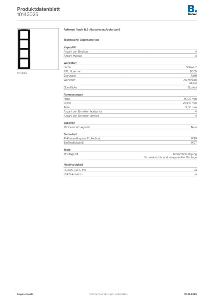 Bild Berker Produktdatenblatt 10143025 | Hager Deutschland