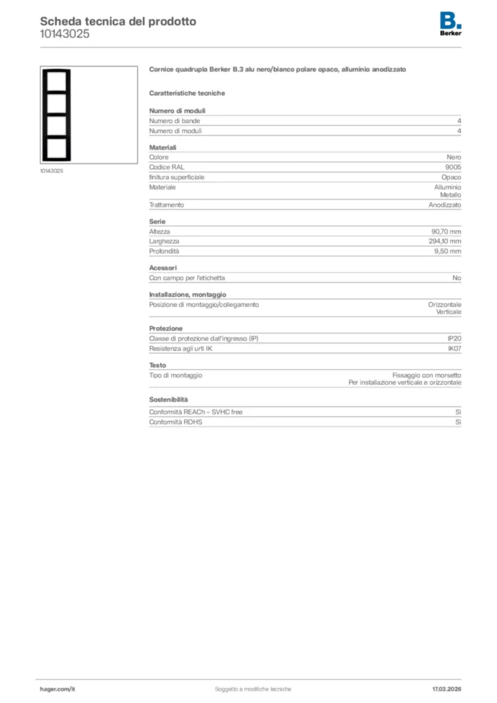 Immagine Berker Scheda tecnica del prodotto 10143025 | Hager Italia