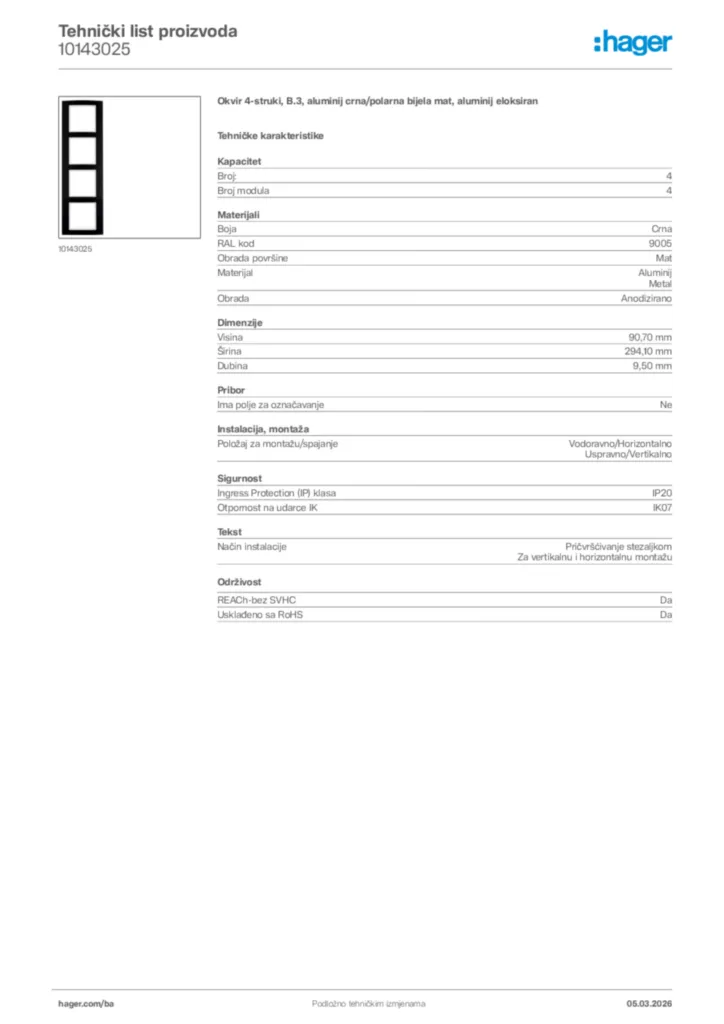 Slika Hager Tehnički list proizvoda 10143025  | Hager