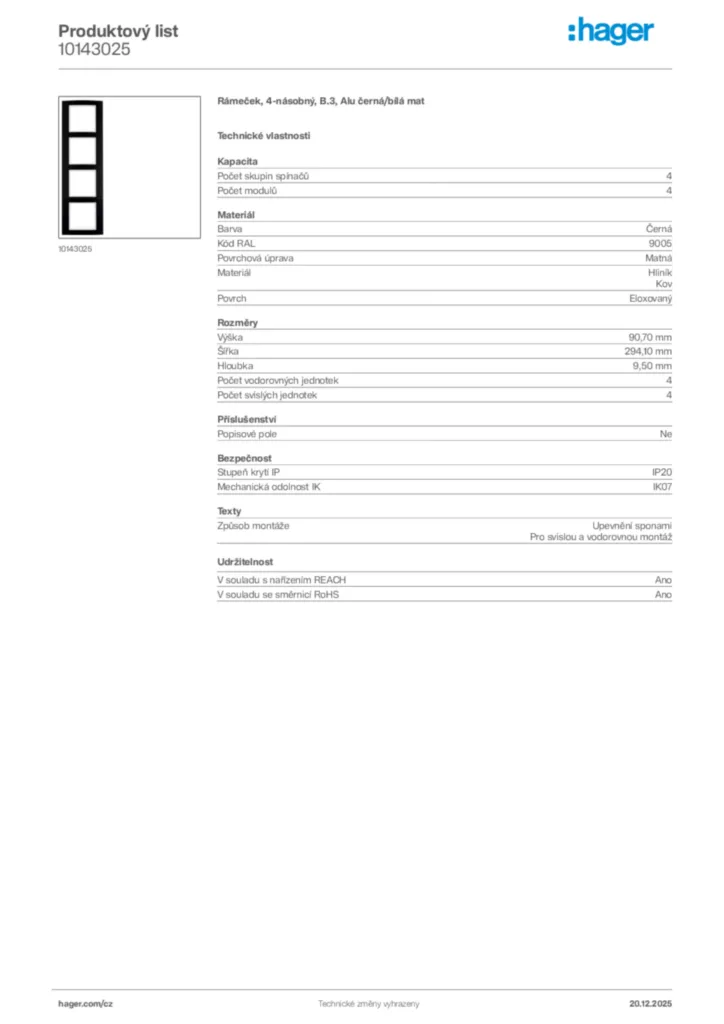 Obrázek Hager Produktový list 10143025 | Hager