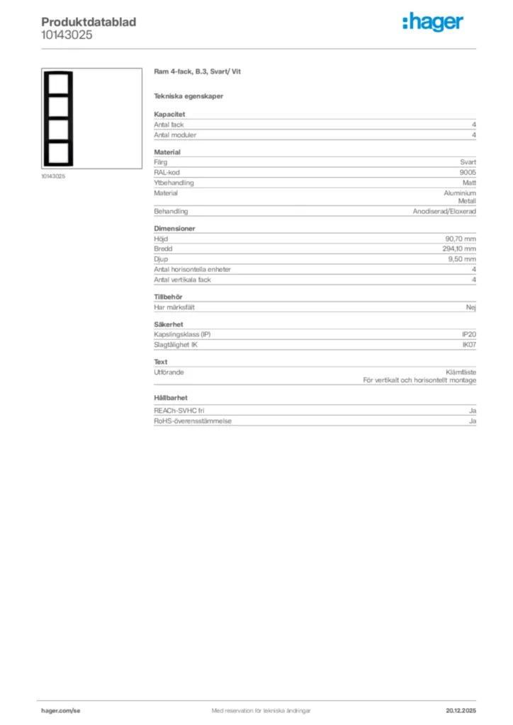 Bild Hager Produktdatablad 10143025 | Hager Sverige