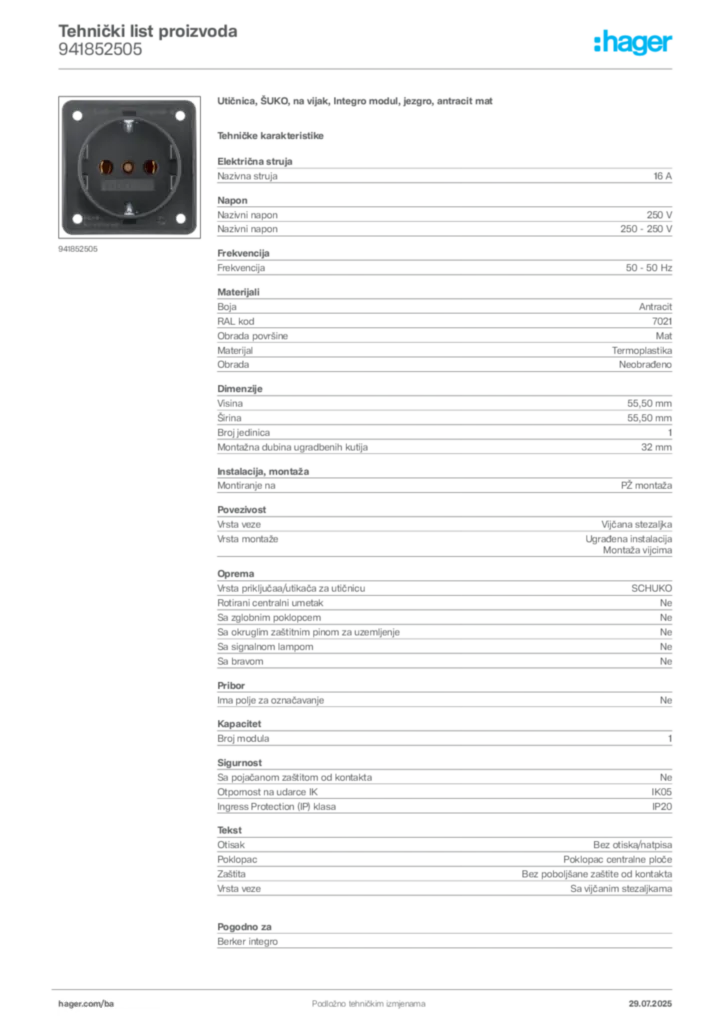Slika Hager Product data sheet 941852505  | Hager