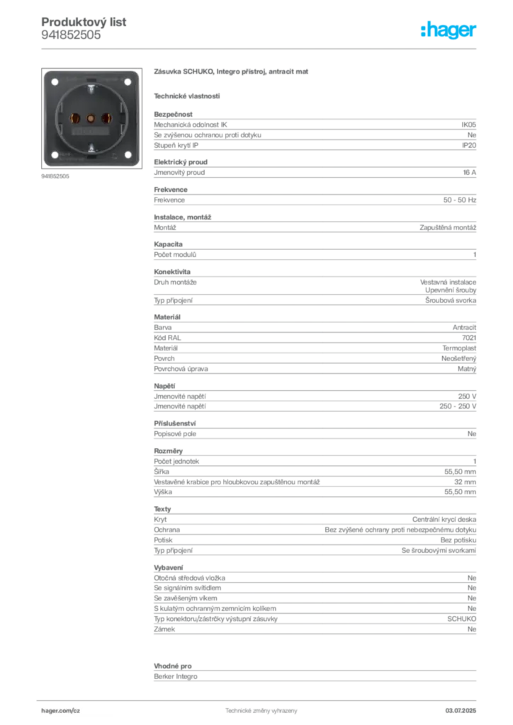 Obrázek Hager Produktový list 941852505 | Hager