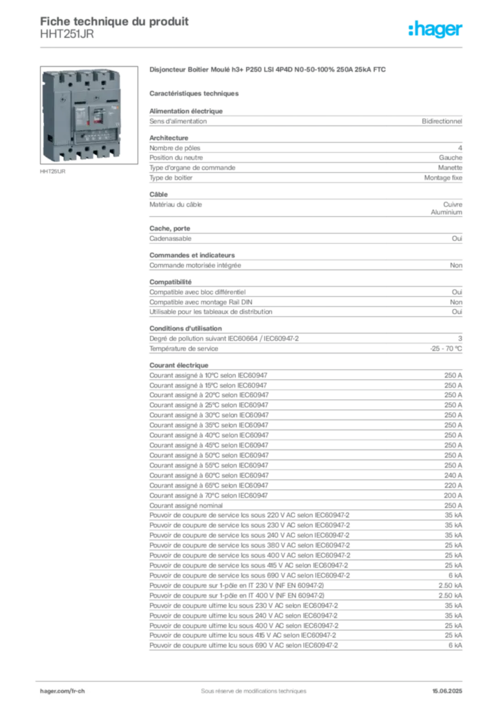 Image Hager Fiche technique du produit HHT251JR | Hager Suisse