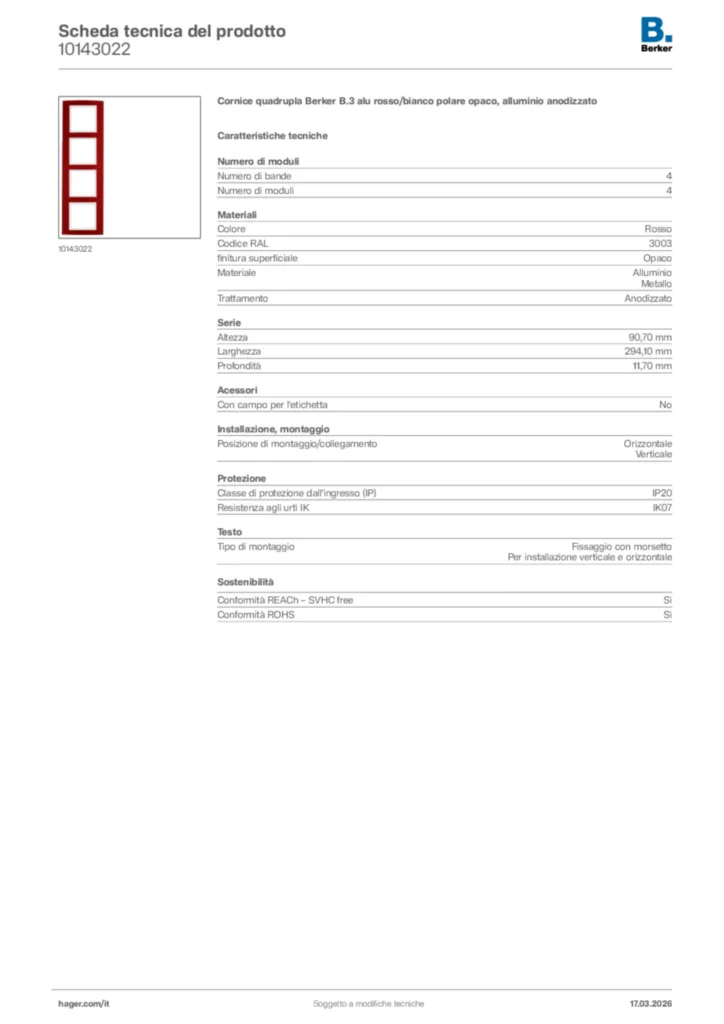 Immagine Berker Scheda tecnica del prodotto 10143022 | Hager Italia