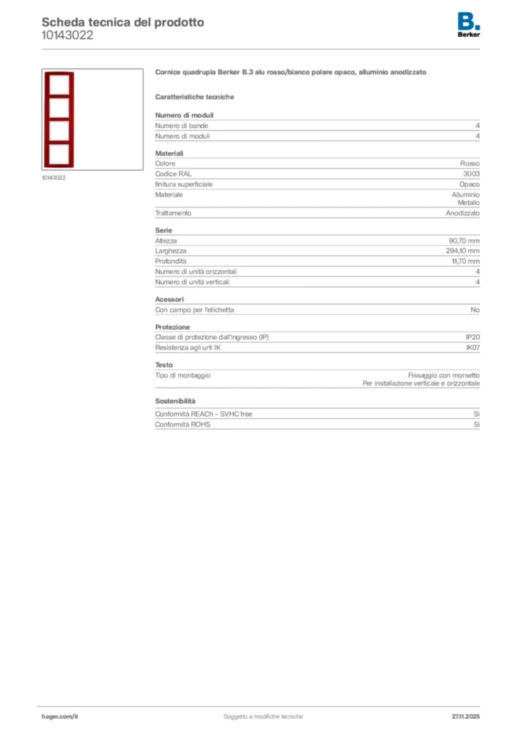 Immagine Berker Scheda tecnica del prodotto 10143022 | Hager Italia