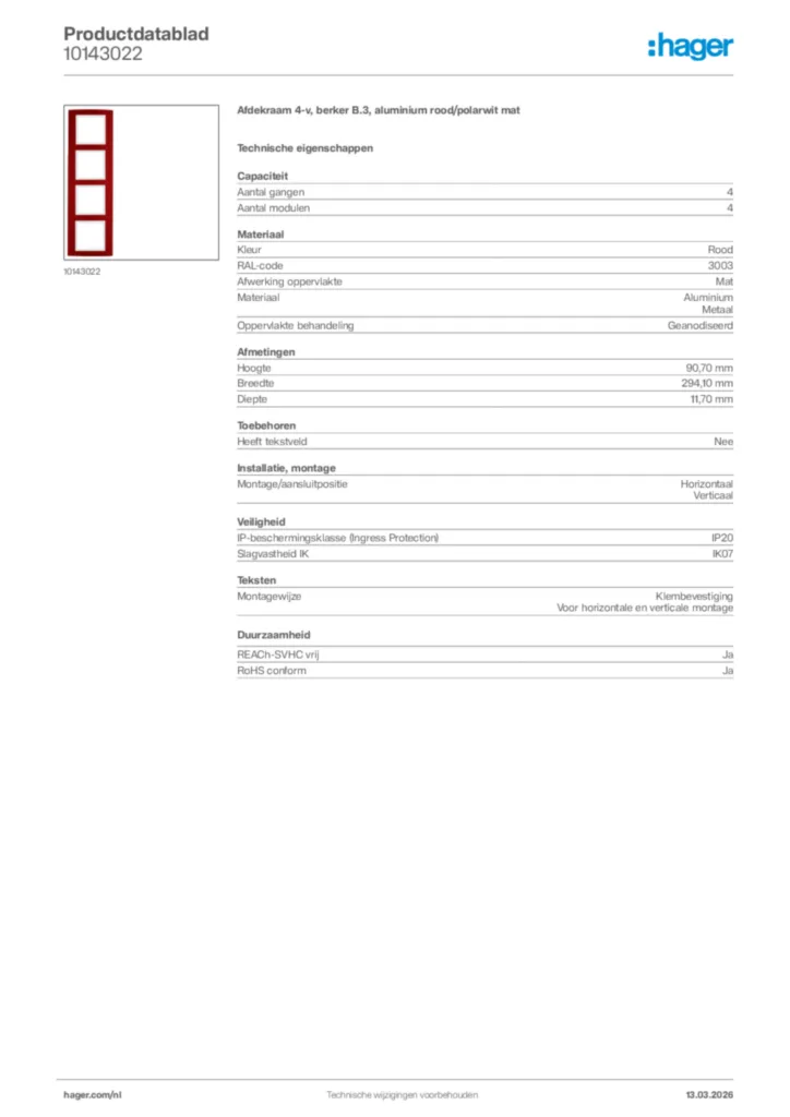 Afbeelding Hager Productdatablad 10143022 | Hager Nederland